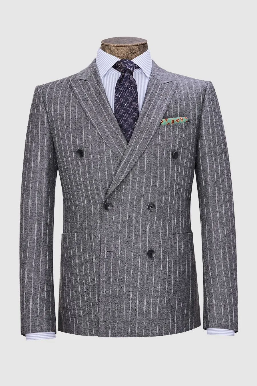 Grey 2 Piece Business Casual Double Breasted Notch Lapel Mens Suit