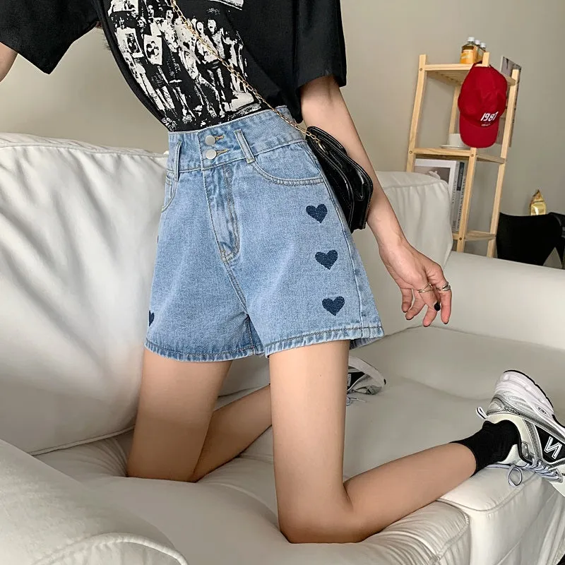 Heart Love Printed Jeans Shorts Pants