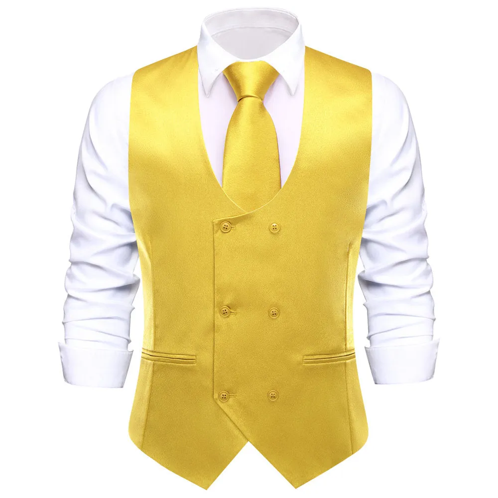 Hi-Tie Orange Yellow Solid U-Neck Double-Breasted Vest Set