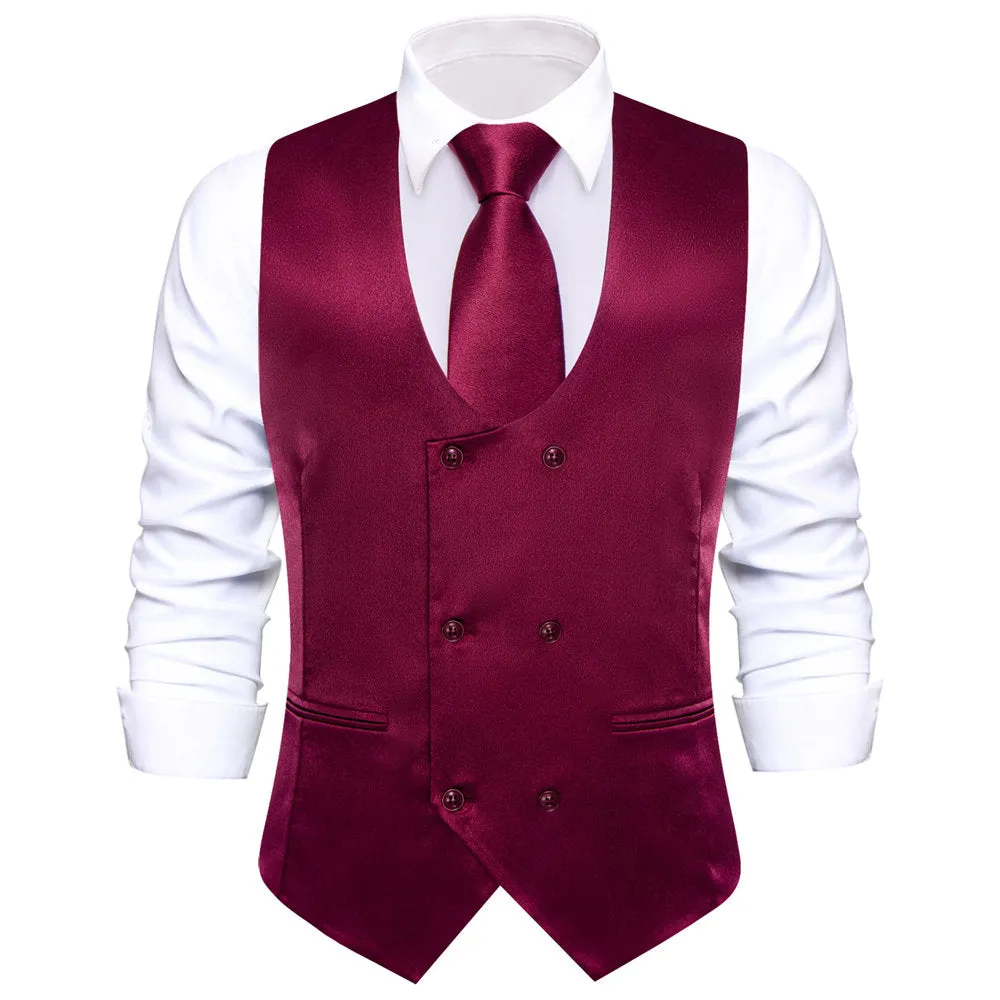 Hi-Tie Wine Solid U-Neck Double-Breasted Vest Necktie Bowtie Set