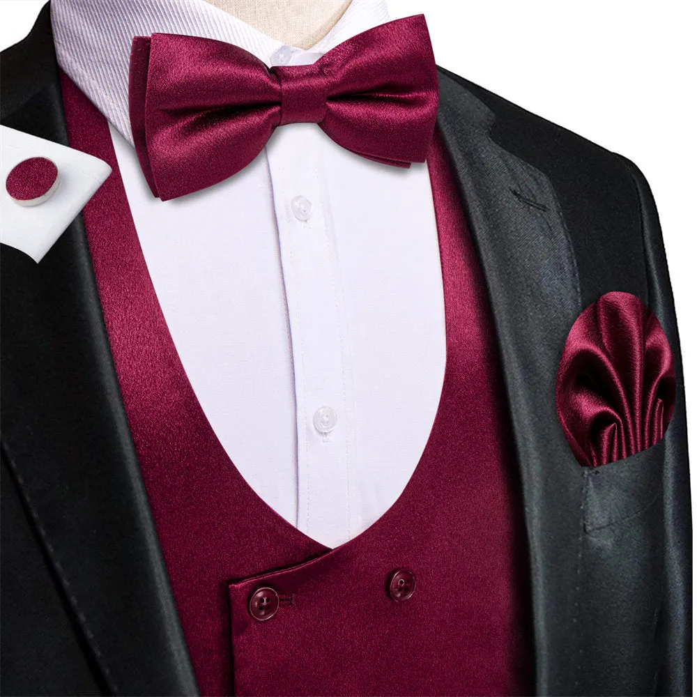 Hi-Tie Wine Solid U-Neck Double-Breasted Vest Necktie Bowtie Set