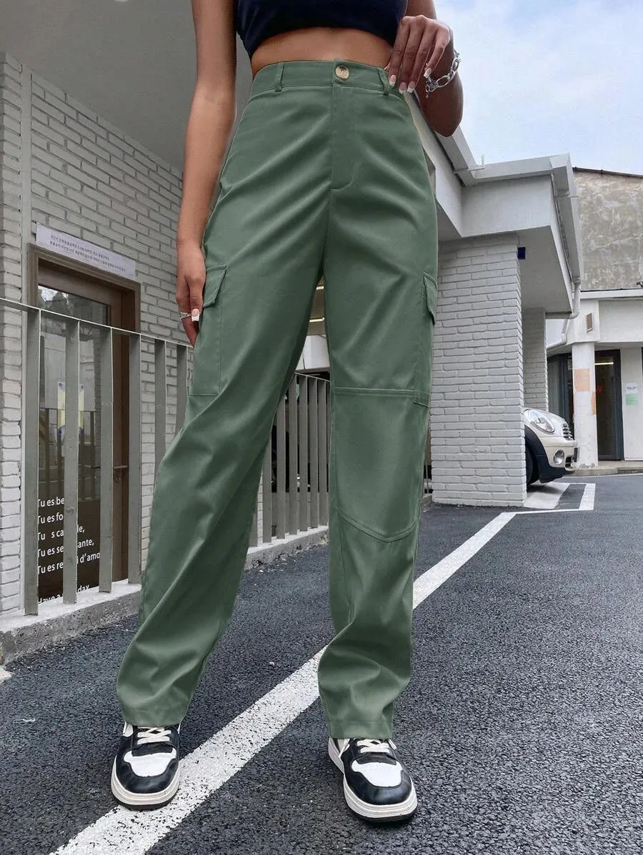 High Waist Flap Pocket Unlined Cargo Pants