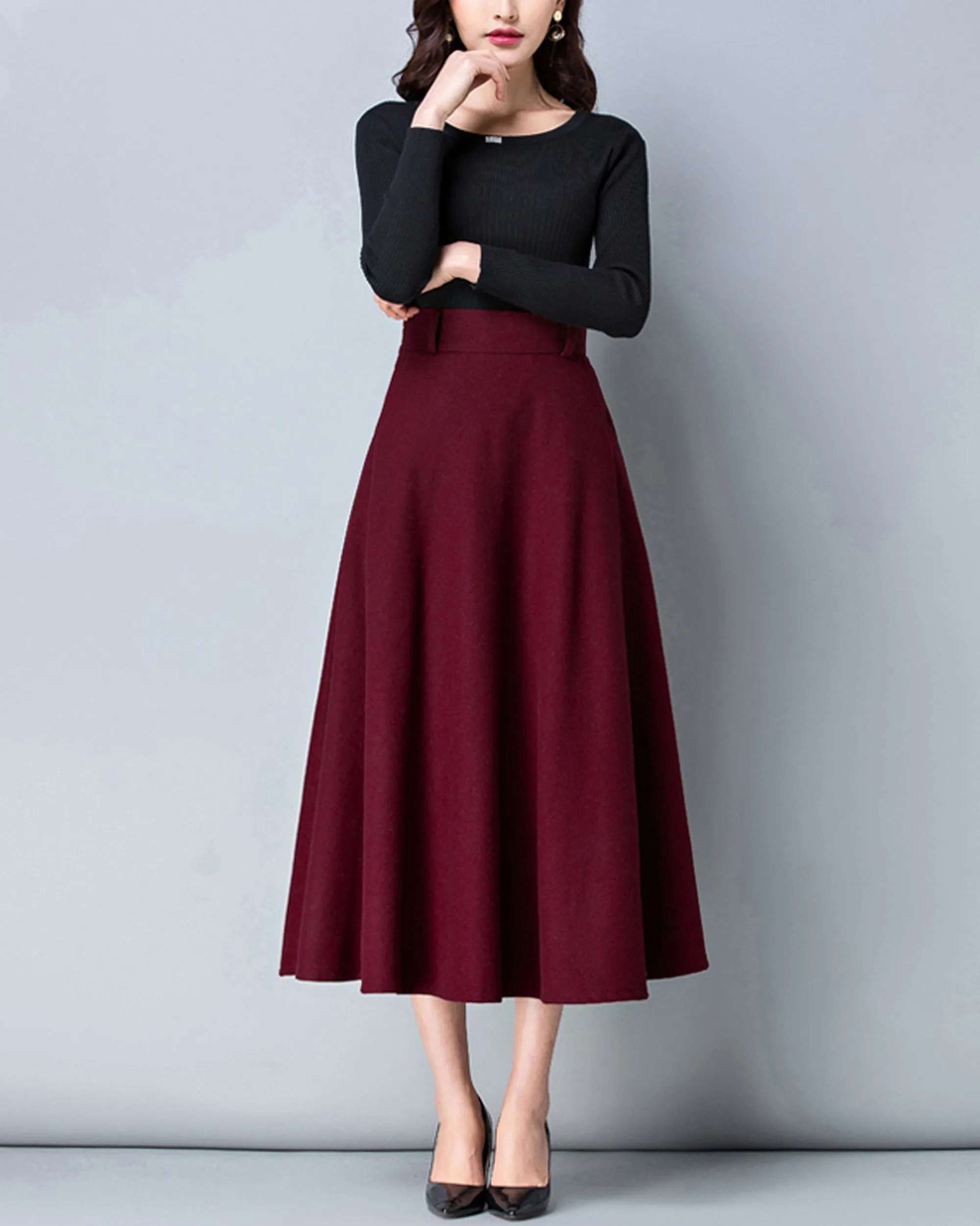 High waist skirt, Winter skirt, Midi skirt, Wool skirt, dark gray skirt, long skirt, vintage skirt, flare skirt, Wool skirt with belt Q0025