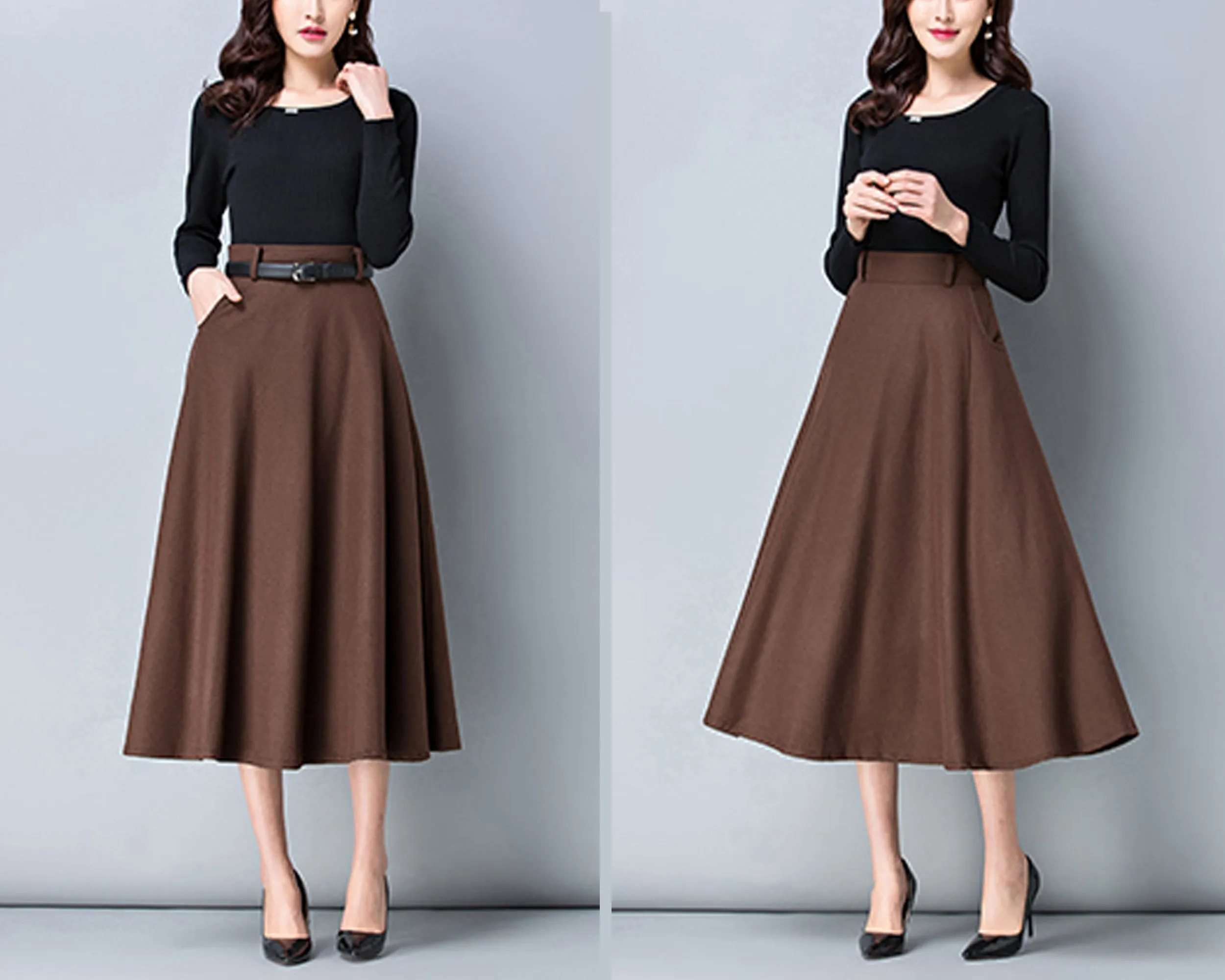 High waist skirt, Winter skirt, Midi skirt, Wool skirt, dark gray skirt, long skirt, vintage skirt, flare skirt, Wool skirt with belt Q0025