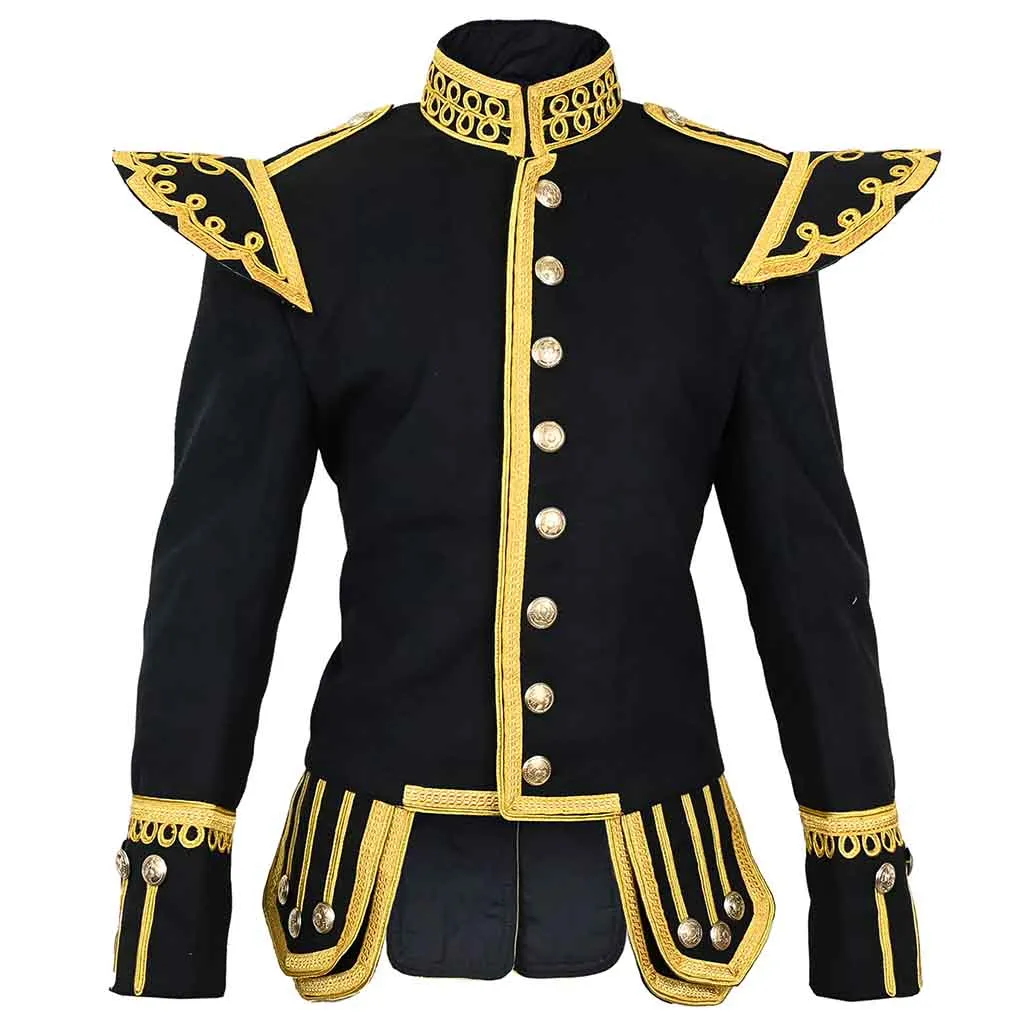 Highlander Military Doublet Jacket Scottish Drummer Bagpiper Jacket Black