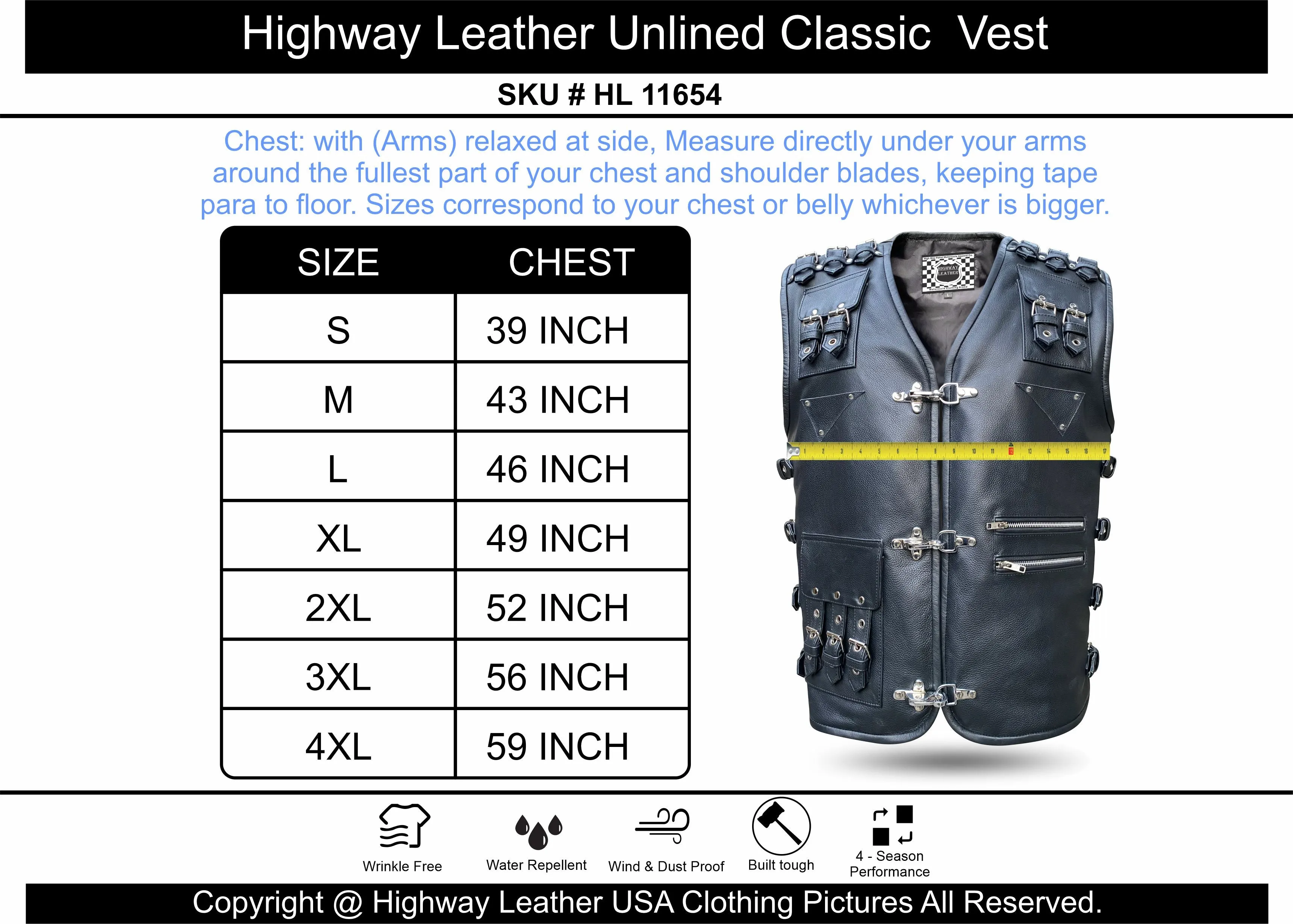 HL11654BLACK Heavy Metal Rocker Biker Waistcoat Motorcycle Leather Vest