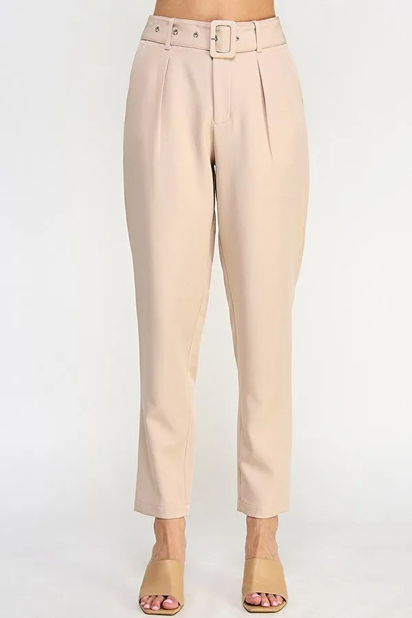 Ivory High Waist Pants With Belt Detail