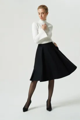 knee length black wool skirt, pleated circle skirt 1992#