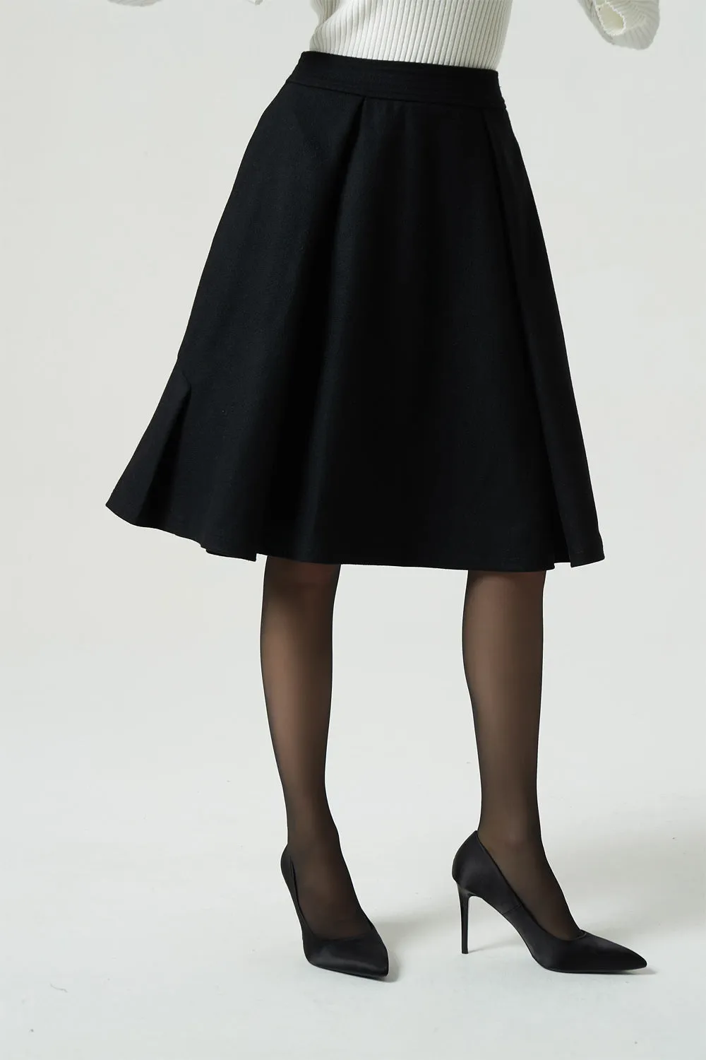 knee length black wool skirt, pleated circle skirt 1992#