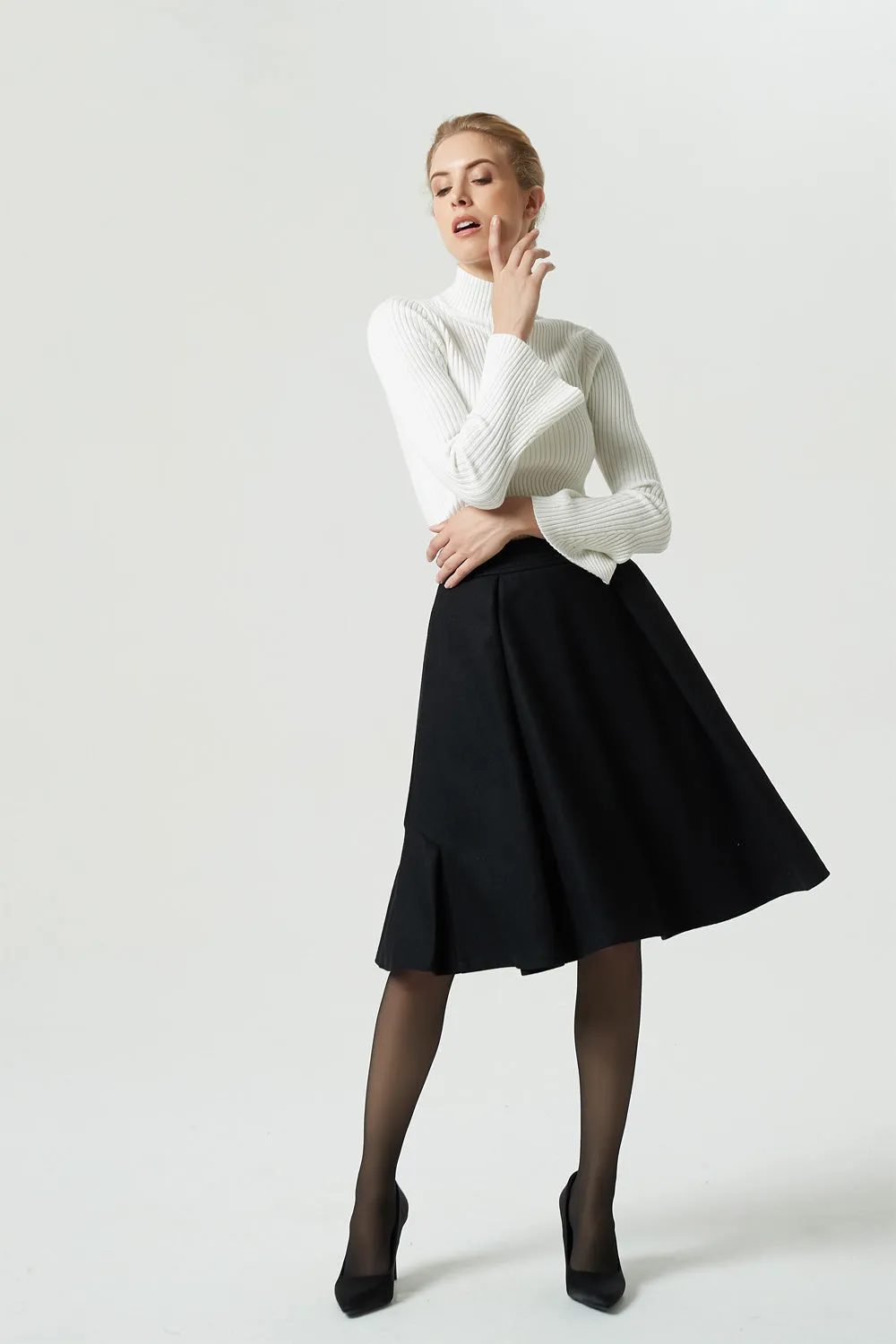 knee length black wool skirt, pleated circle skirt 1992#