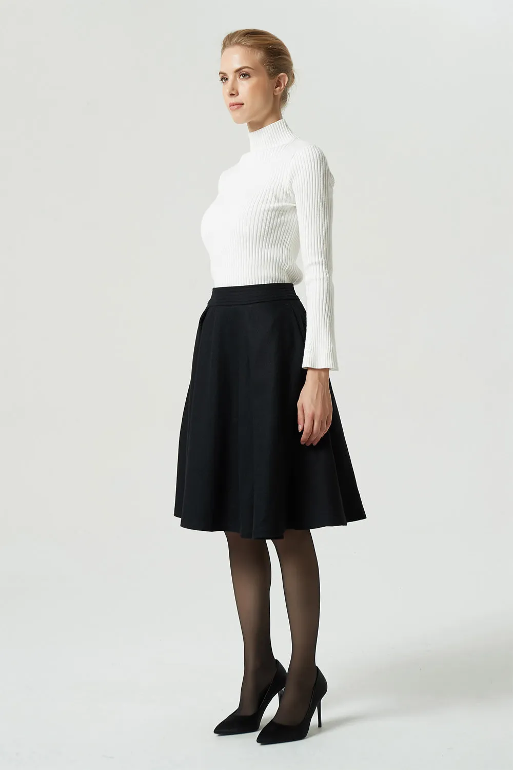 knee length black wool skirt, pleated circle skirt 1992#