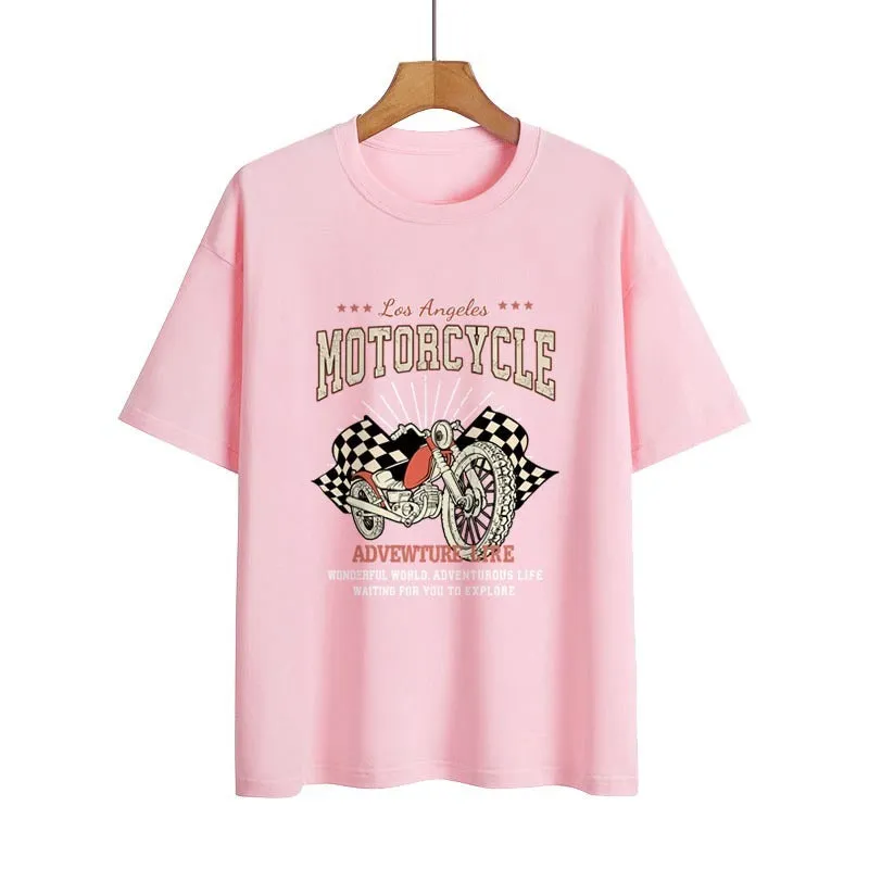 Kylee Street Retro Motorcycle Letter Print Collarless Loose Women's T-Shirt