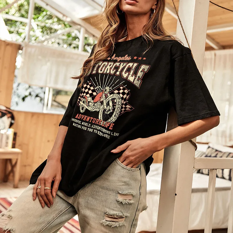 Kylee Street Retro Motorcycle Letter Print Collarless Loose Women's T-Shirt