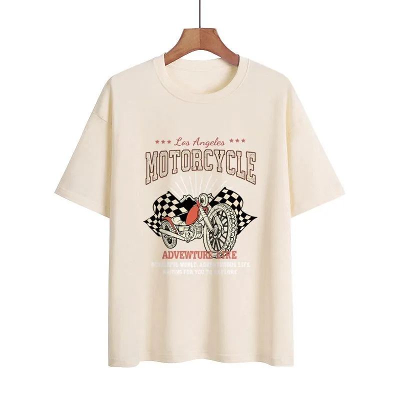 Kylee Street Retro Motorcycle Letter Print Collarless Loose Women's T-Shirt