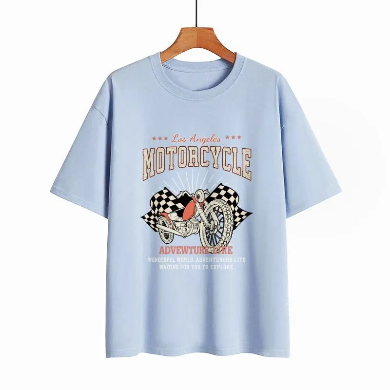 Kylee Street Retro Motorcycle Letter Print Collarless Loose Women's T-Shirt