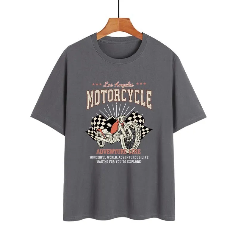 Kylee Street Retro Motorcycle Letter Print Collarless Loose Women's T-Shirt