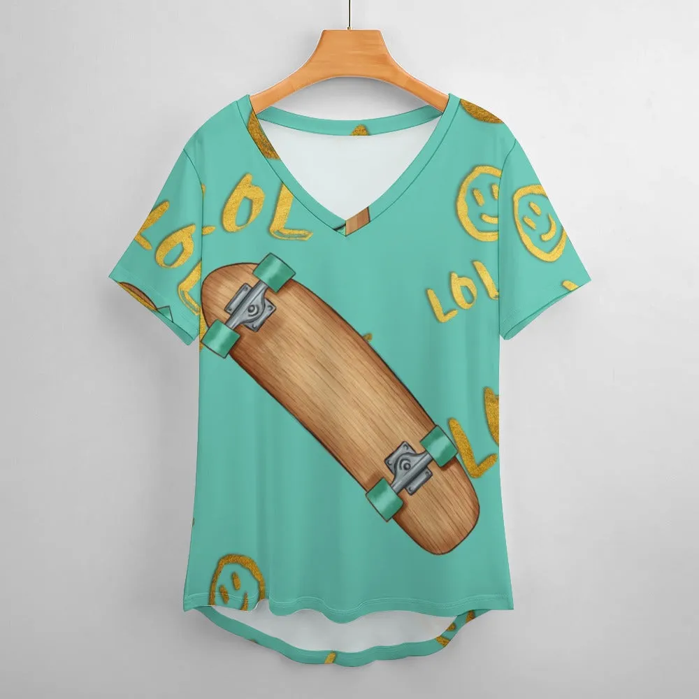 LOL skateboard Plus Size Ladies V-Neck Short Sleeve T-Shirt