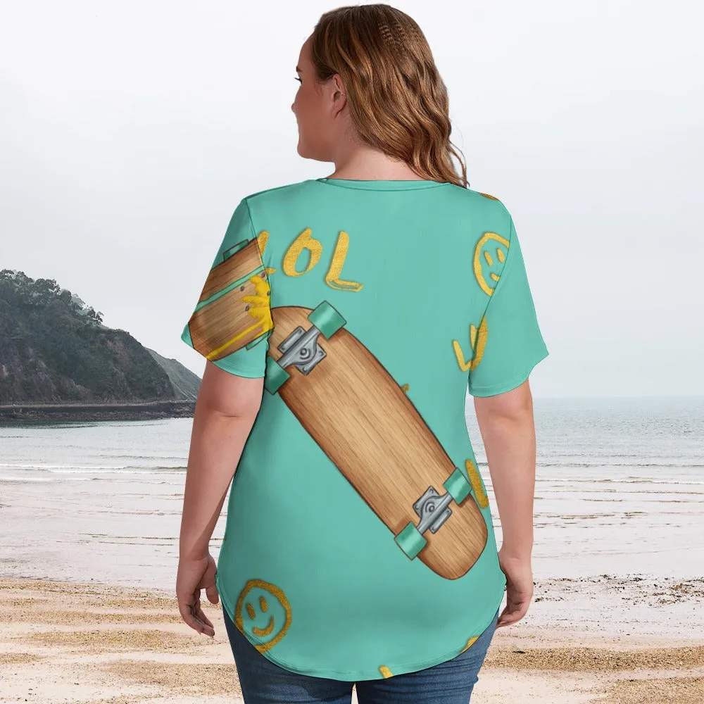 LOL skateboard Plus Size Ladies V-Neck Short Sleeve T-Shirt