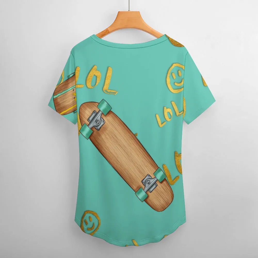 LOL skateboard Plus Size Ladies V-Neck Short Sleeve T-Shirt