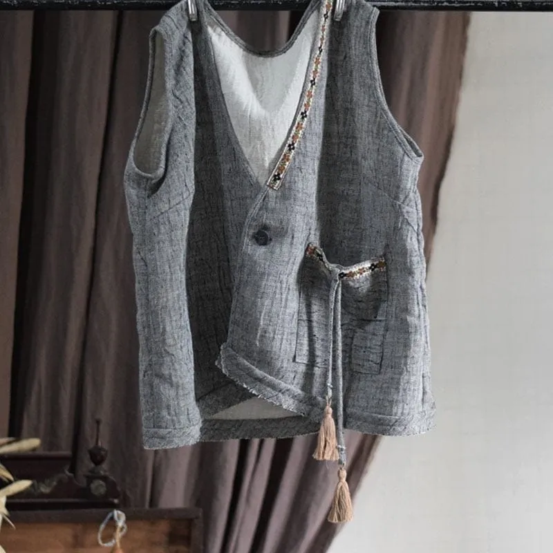 Loose Linen Retro Patchwork Vest