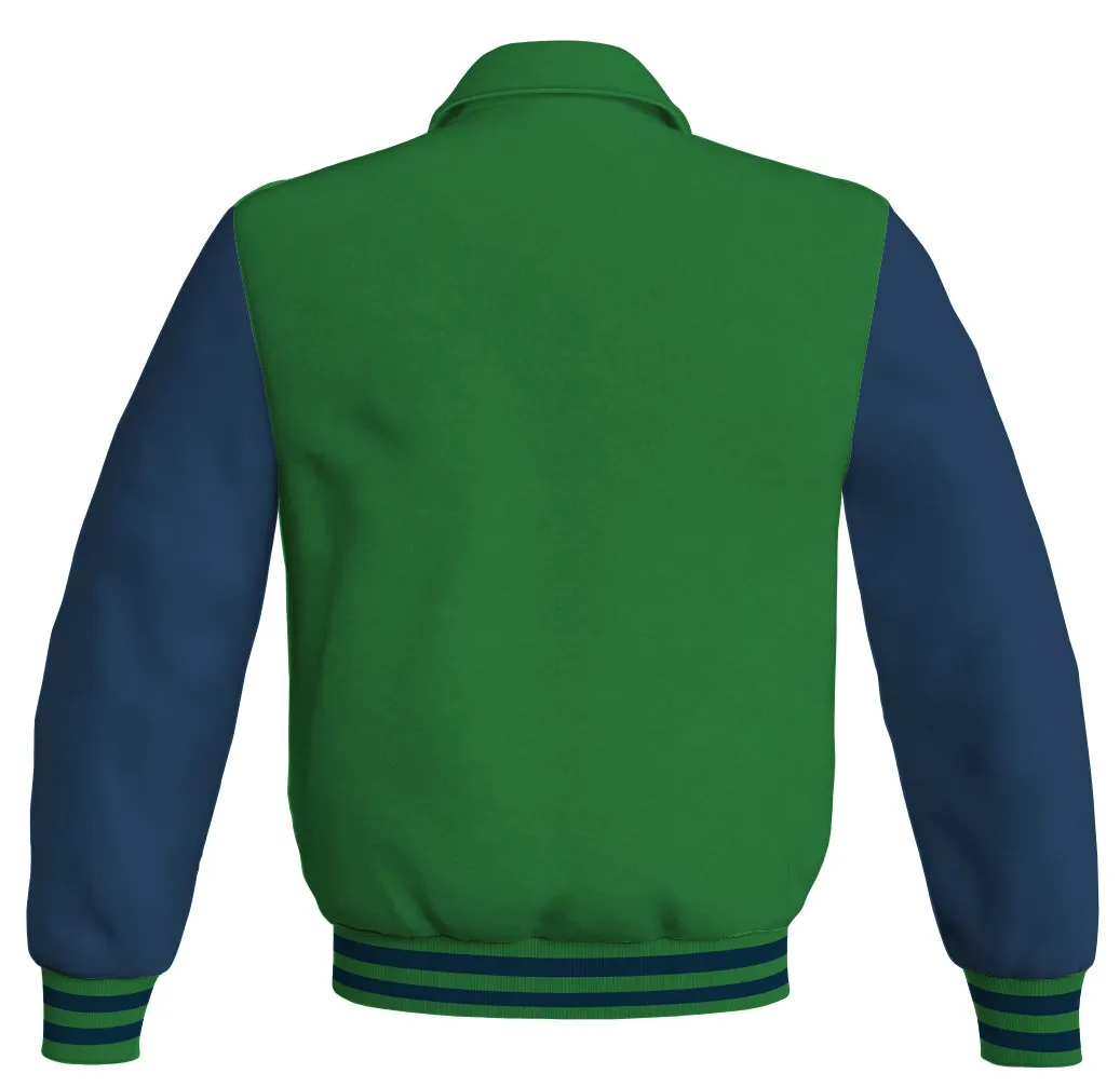 Luxury Bomber Classic Jacket Green Body and Navy Blue Leather Sleeves