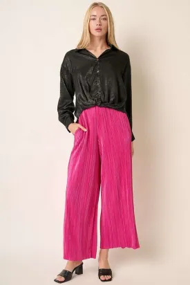 Magenta Pleated Satin Elastic Waist Wide Leg Pants