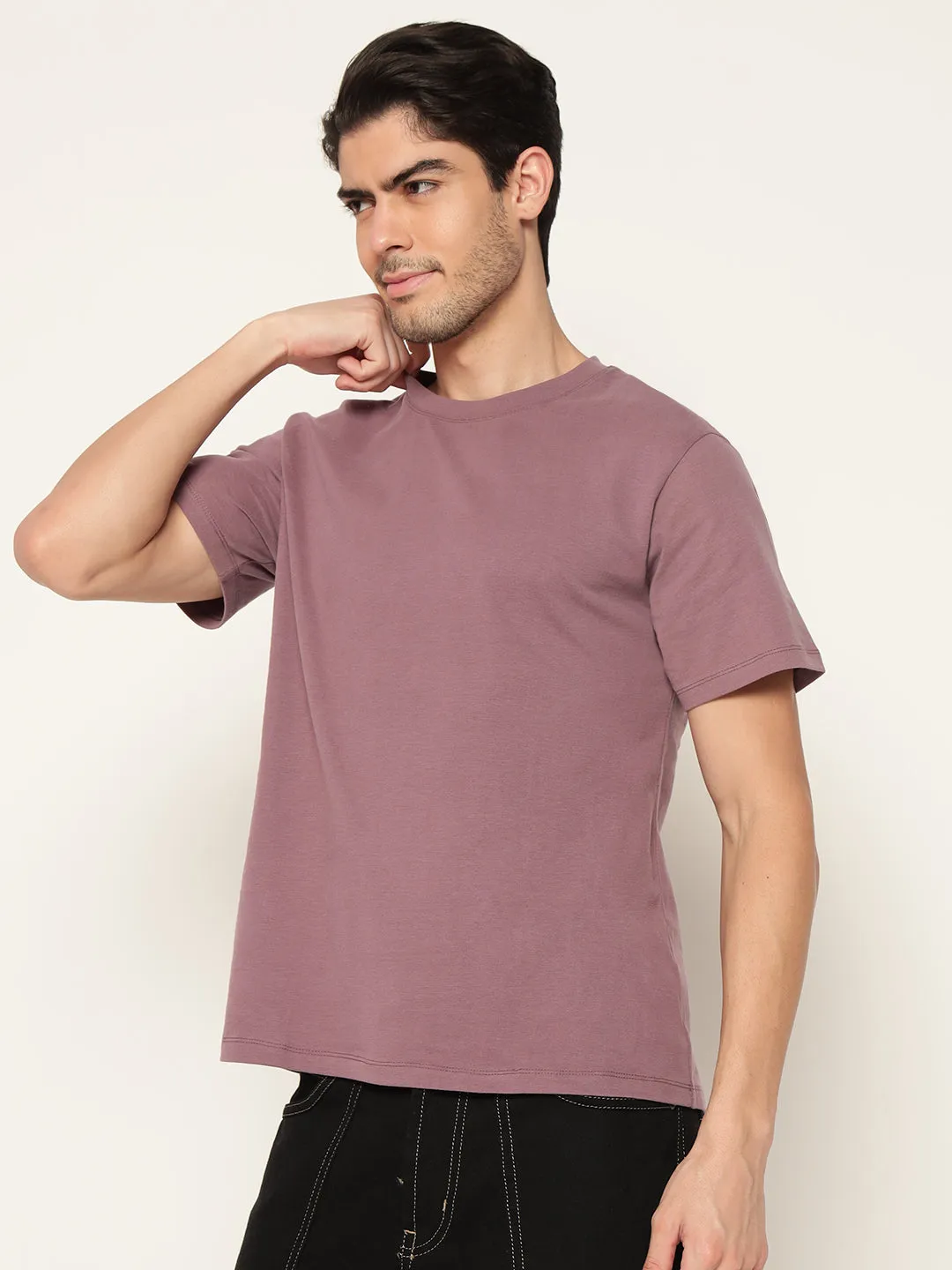 Men purple Solid Round Neck Pure Cotton T-Shirt