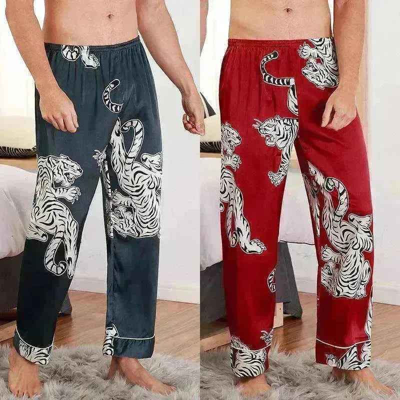 Men sleepwear Bottoms Silk Pajamas Print Long Sleep Pants