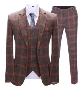 Men's Business 3 Pieces Formal Burgundy Plaid Tweed Notch Lapel Suit (Blazer vest Pants)