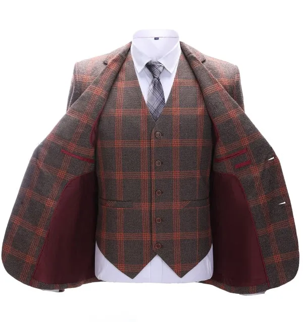 Men's Business 3 Pieces Formal Burgundy Plaid Tweed Notch Lapel Suit (Blazer vest Pants)