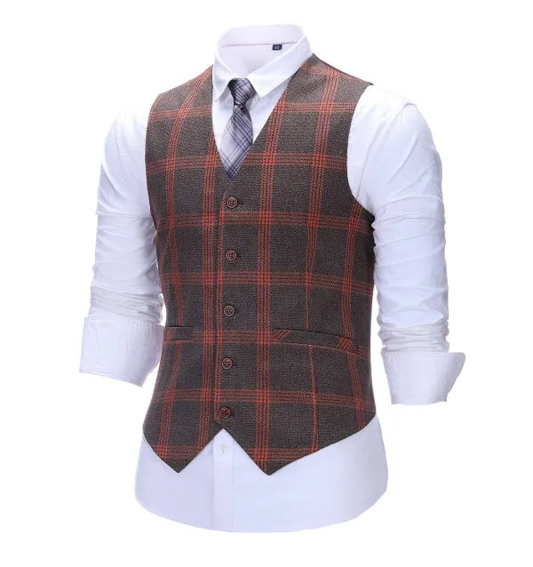 Men's Business 3 Pieces Formal Burgundy Plaid Tweed Notch Lapel Suit (Blazer vest Pants)