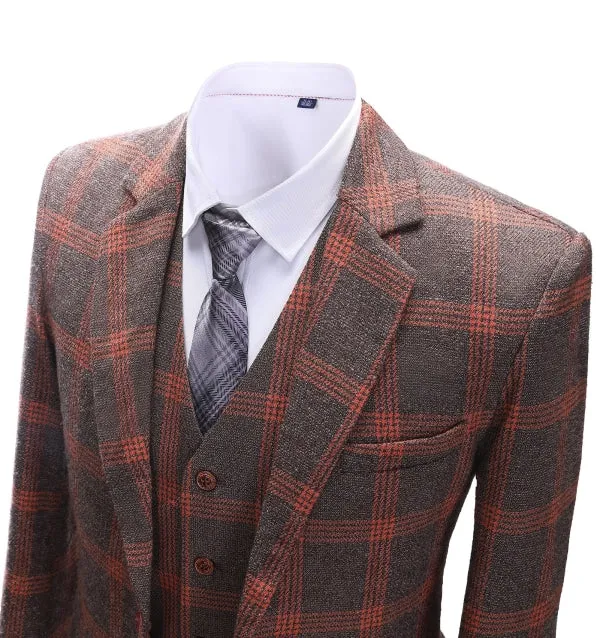 Men's Business 3 Pieces Formal Burgundy Plaid Tweed Notch Lapel Suit (Blazer vest Pants)