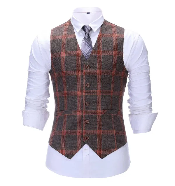 Men's Business 3 Pieces Formal Burgundy Plaid Tweed Notch Lapel Suit (Blazer vest Pants)