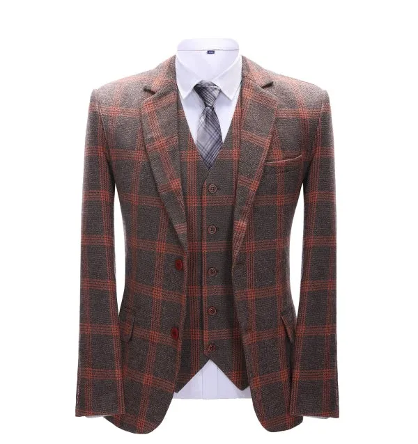 Men's Business 3 Pieces Formal Burgundy Plaid Tweed Notch Lapel Suit (Blazer vest Pants)