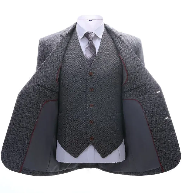 Men's Business 3 Pieces Formal Dark Grey Herringbone Notch Lapel Suit (Blazer vest Pants)