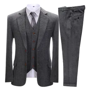 Men's Business 3 Pieces Formal Dark Grey Herringbone Notch Lapel Suit (Blazer vest Pants)