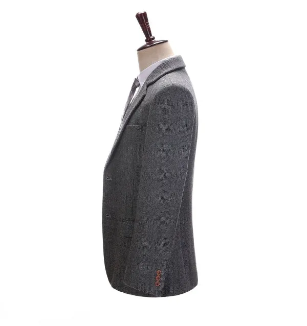 Men's Business 3 Pieces Formal Dark Grey Herringbone Notch Lapel Suit (Blazer vest Pants)