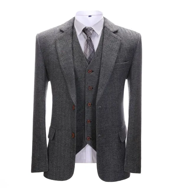 Men's Business 3 Pieces Formal Dark Grey Herringbone Notch Lapel Suit (Blazer vest Pants)