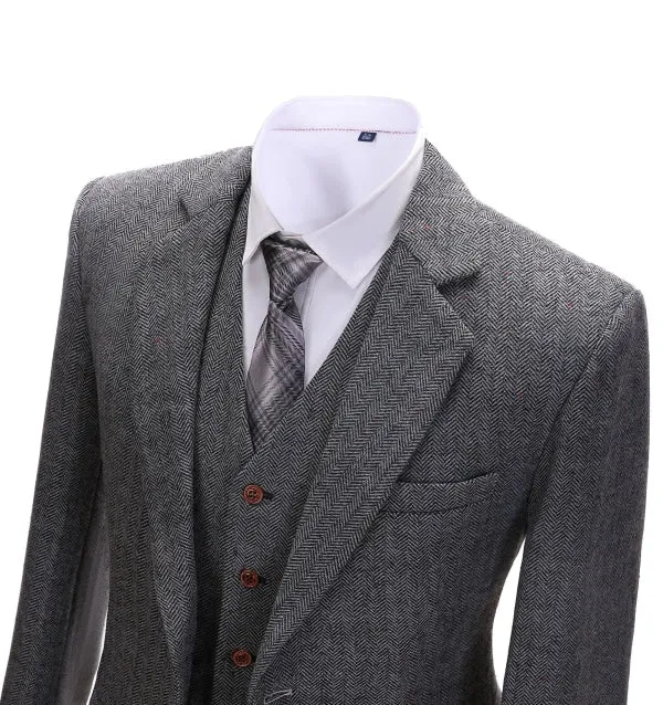 Men's Business 3 Pieces Formal Dark Grey Herringbone Notch Lapel Suit (Blazer vest Pants)