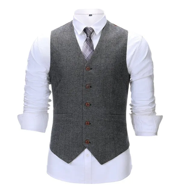 Men's Business 3 Pieces Formal Dark Grey Herringbone Notch Lapel Suit (Blazer vest Pants)