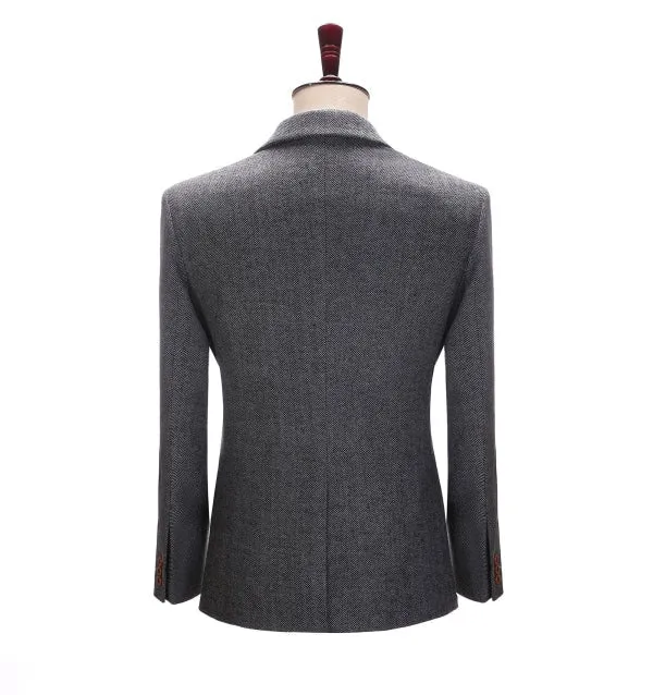 Men's Business 3 Pieces Formal Dark Grey Herringbone Notch Lapel Suit (Blazer vest Pants)