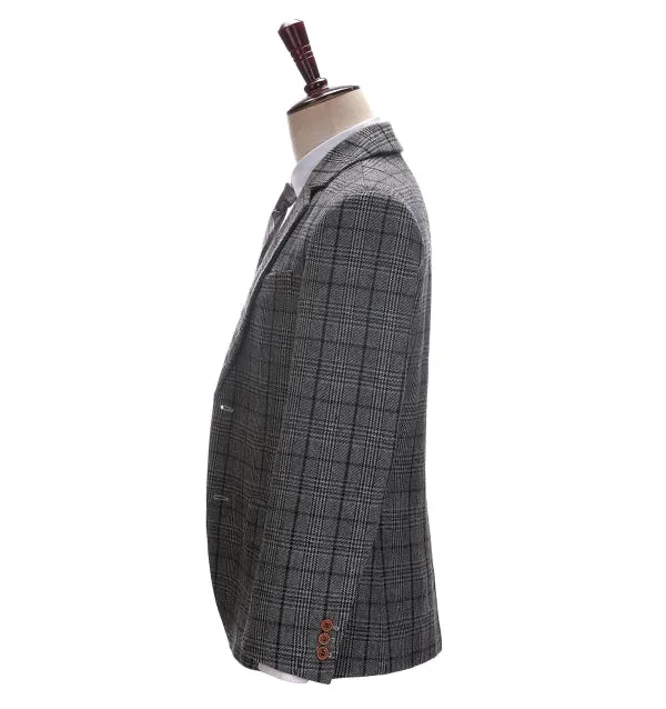 Men's Business 3 Pieces Formal Dark Grey Plaid Tweed Notch Lapel Suit (Blazer vest Pants)