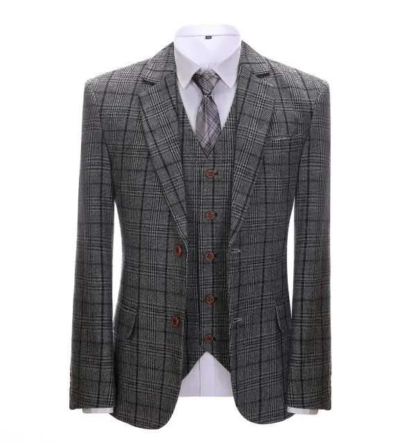 Men's Business 3 Pieces Formal Dark Grey Plaid Tweed Notch Lapel Suit (Blazer vest Pants)