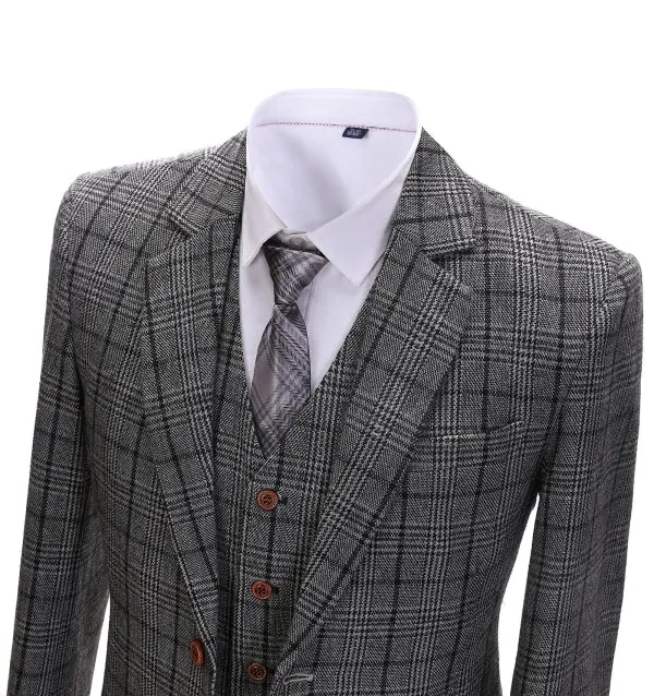 Men's Business 3 Pieces Formal Dark Grey Plaid Tweed Notch Lapel Suit (Blazer vest Pants)