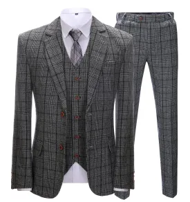 Men's Business 3 Pieces Formal Dark Grey Plaid Tweed Notch Lapel Suit (Blazer vest Pants)