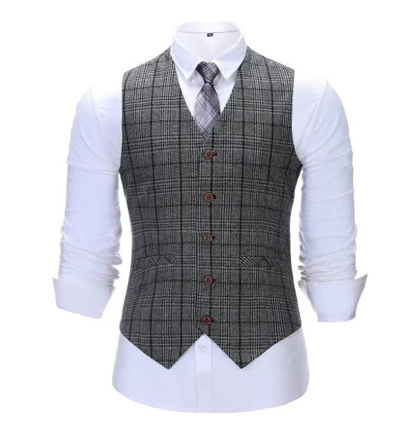 Men's Business 3 Pieces Formal Dark Grey Plaid Tweed Notch Lapel Suit (Blazer vest Pants)