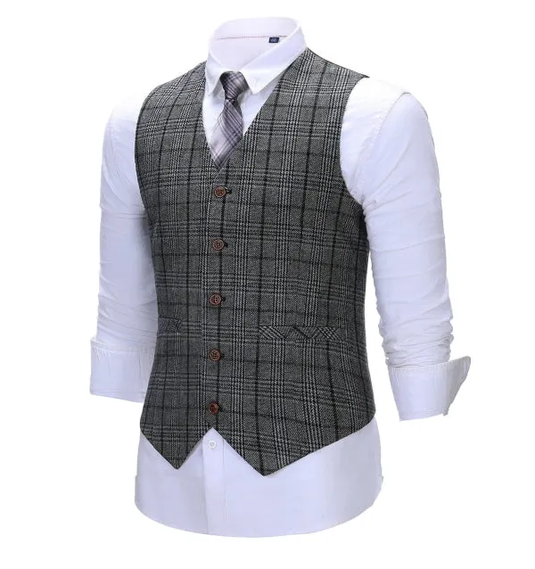 Men's Business 3 Pieces Formal Dark Grey Plaid Tweed Notch Lapel Suit (Blazer vest Pants)