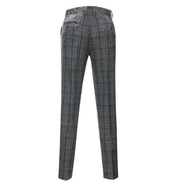 Men's Business 3 Pieces Formal Dark Grey Plaid Tweed Notch Lapel Suit (Blazer vest Pants)