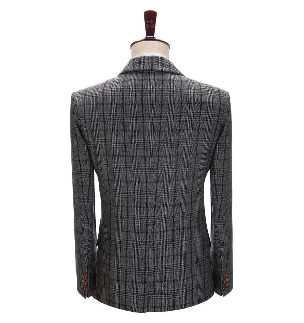 Men's Business 3 Pieces Formal Dark Grey Plaid Tweed Notch Lapel Suit (Blazer vest Pants)