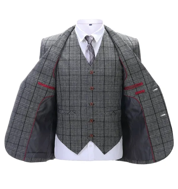 Men's Business 3 Pieces Formal Dark Grey Plaid Tweed Notch Lapel Suit (Blazer vest Pants)